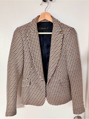 Zara Basic Houndstooth Jacket in Navy, Rust & Cream